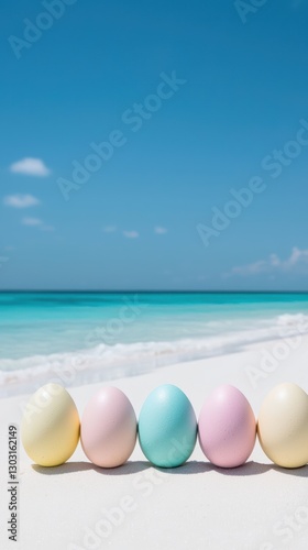 Pastel easter eggs on a tropical beach joyful celebration scene
