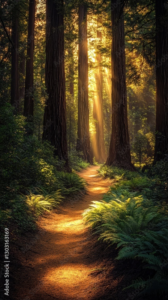 Fototapeta premium Enchanting sunlit trail through a majestic redwood forest
