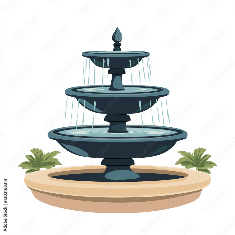 A grand three-tiered black stone water fountain with water flowing, surrounded by greenery, ideal for outdoor landscapes A grand three-tiered black stone water fountain with water flowing, surrounded by greenery, ideal for outdoor landscapes