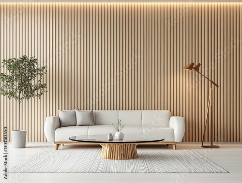 Modern Living Room Interior With White Sofa Wooden Wall Glass Table And Floor Lamp