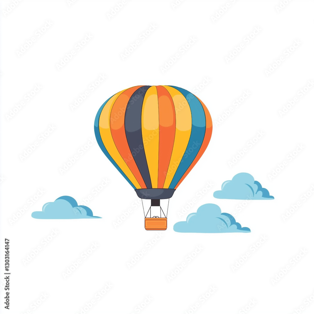 Obraz premium Illustration of a colorful hot air balloon floating in the sky among clouds, symbolizing travel, adventure, and freedom
