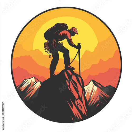 Climber on a mountain top with a sunrise in the background, isolated on a white background photo