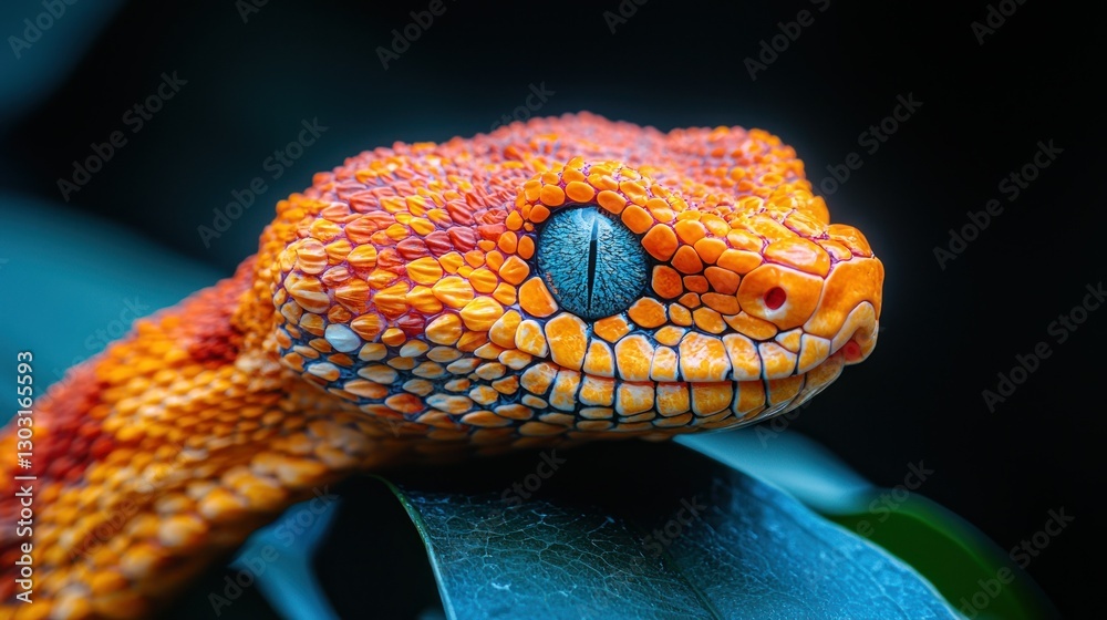 Fototapeta premium Vibrant orange snake head close-up on leaf, dark background. Potential use Nature, wildlife, or exotic pet poster/advertisement