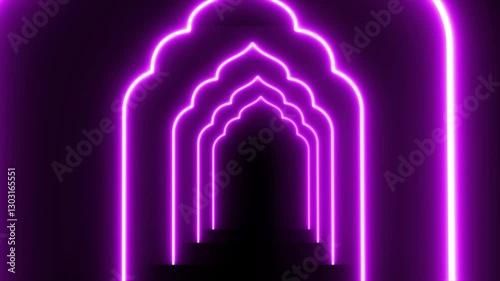 a mosque with a red and blue light emanating from it. At the top of the video