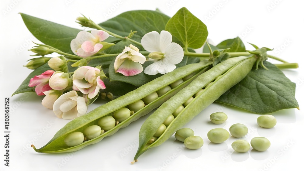 Fresh green peas in open pods with delicate white and pink flowers on a white background. A natural and organic food concept, highlighting freshness and healthy eating. Fresh green peas in open pods with delicate white and pink flowers on a white background. A natural and organic food concept, highlighting freshness and healthy eating.