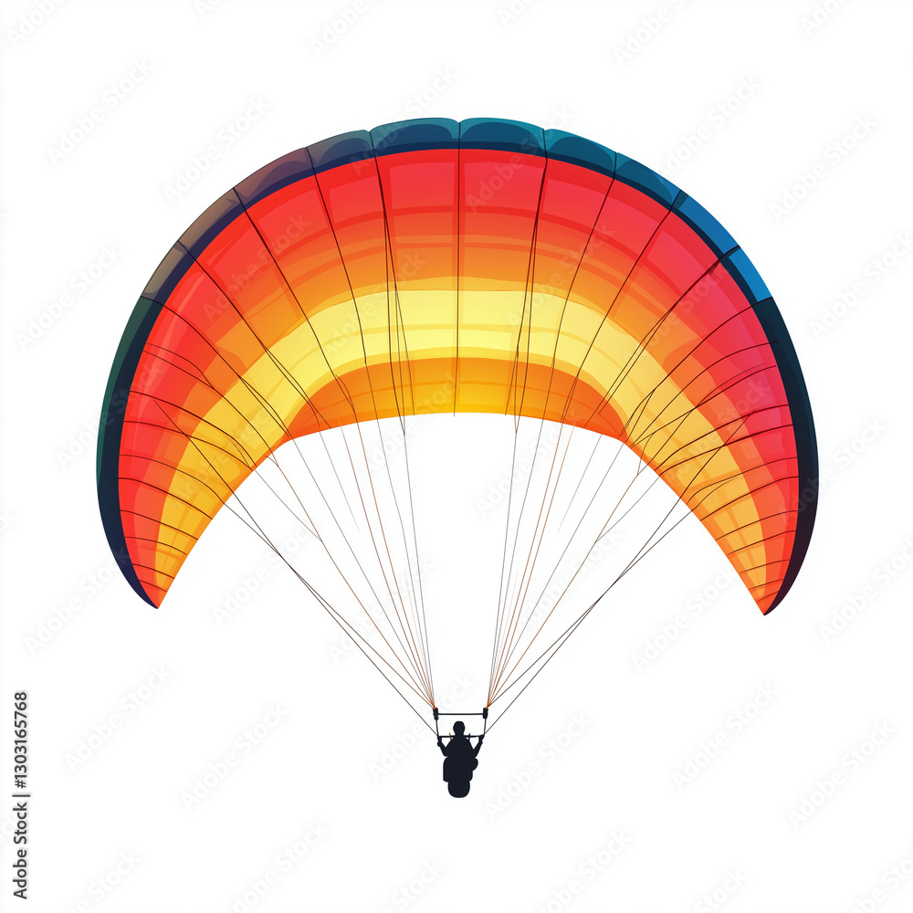 Obraz premium A colorful paragliding wing in red, yellow, and blue, floating in the air with a person hanging beneath it, isolated on a white background