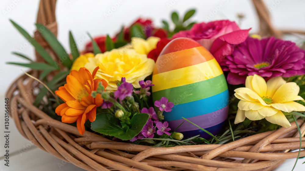 Easter Egg rainbow. Colorful Easter egg in a basket surrounded by vibrant flowers. Easter Egg rainbow. Colorful Easter egg in a basket surrounded by vibrant flowers.
