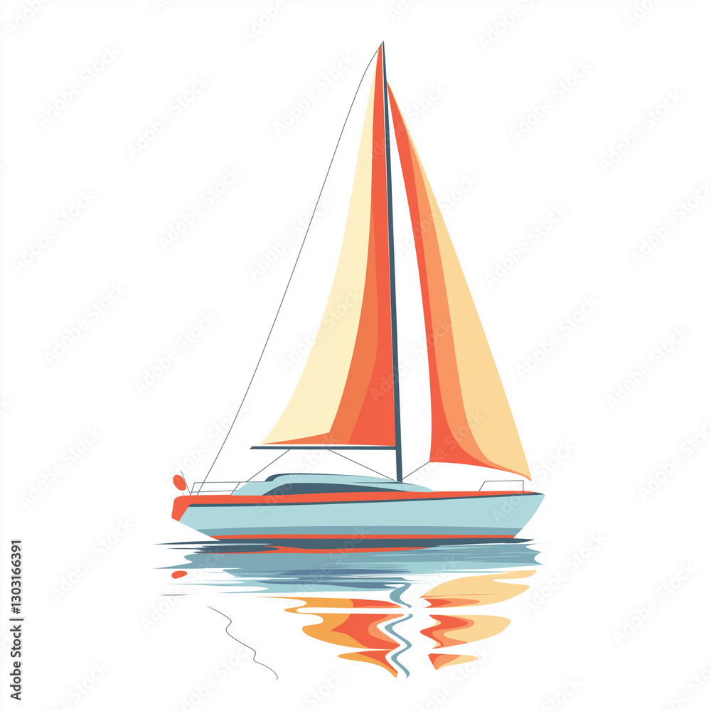 Naklejka premium A modern sailboat with orange sails floating on calm water, reflecting beautifully. A serene and peaceful sailing experience