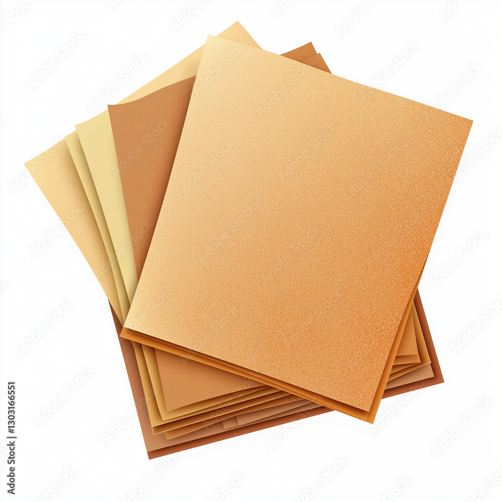 A collection of sandpaper sheets in varying shades of brown, used for sanding and refinishing surfaces in construction and crafts A collection of sandpaper sheets in varying shades of brown, used for sanding and refinishing surfaces in construction and crafts