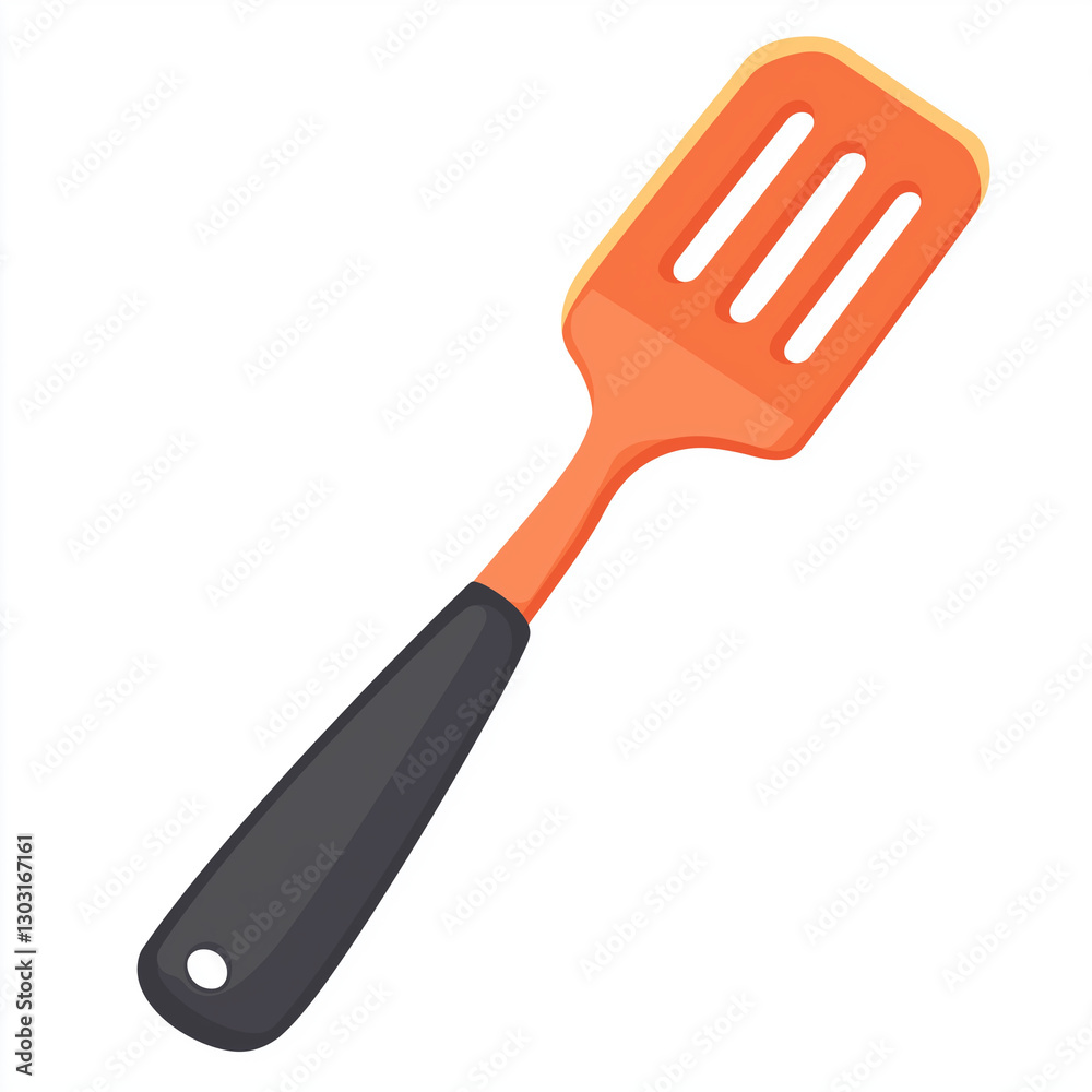 A kitchen spatula with a black handle and orange slotted head, designed for flipping and turning food while cooking A kitchen spatula with a black handle and orange slotted head, designed for flipping and turning food while cooking