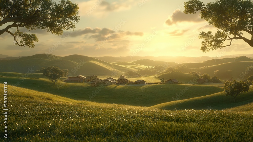 Naklejka premium Serene Sunset Over Rolling Hills and Village