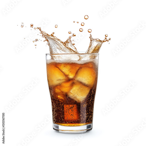 Chilled glass of carbonated cola with ice cubes isolated on white background, creating a splash.