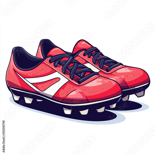 A pair of red soccer cleats with white accents and studs, designed for maximum performance on the field