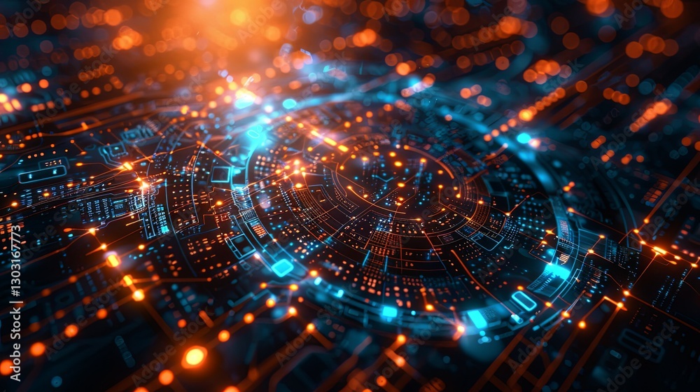 Digital abstract circuit board with glowing orange and blue lights Digital abstract circuit board with glowing orange and blue lights