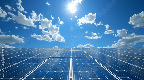 Solar panels under a bright blue sky, representing clean energy and sustainable power solutions for renewable energy websites and environmental projects
