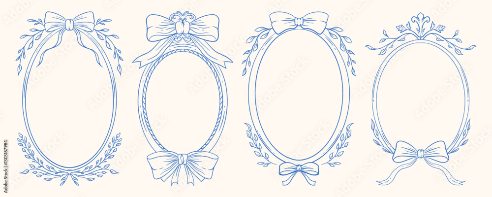 Vintage hand-drawn frames with bows and botanical elements in monochrome blue ink. Ideal for wedding invitations, certificates, and elegant branding.