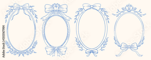 Vintage hand-drawn frames with bows and botanical elements in monochrome blue ink. Ideal for wedding invitations, certificates, and elegant branding.