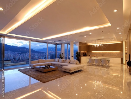 Modern penthouse living room with city views photo