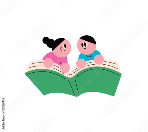 Kids Enjoying a Book Simple and flat style. Education and study. cute kid