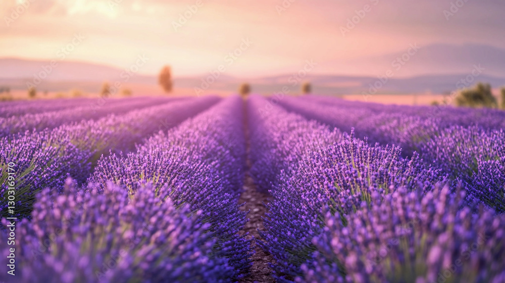 Obraz premium Experience the serene beauty of a vibrant lavender field in full bloom, bathed in the warm glow of the setting sun. Generative AI