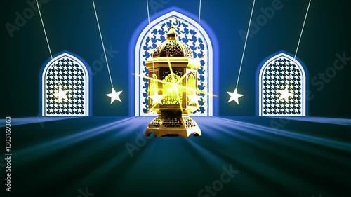 A golden lantern in front of a blue arched window with stars.