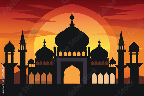 Silhouette of a Mosque at Sunset in a Desert Landscape