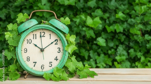 Vintage Alarm Clock Surrounded by Green Ivy Leaves on Wooden Surface