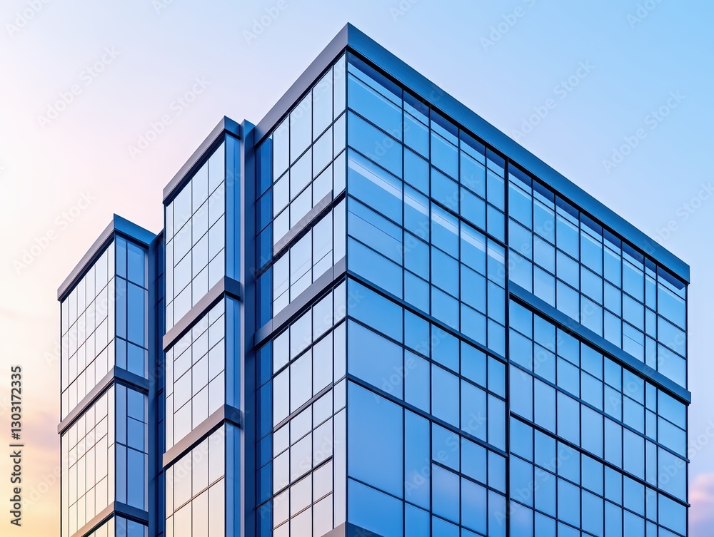 Modern glass office building reflecting sunset sky in urban setting Modern glass office building reflecting sunset sky in urban setting