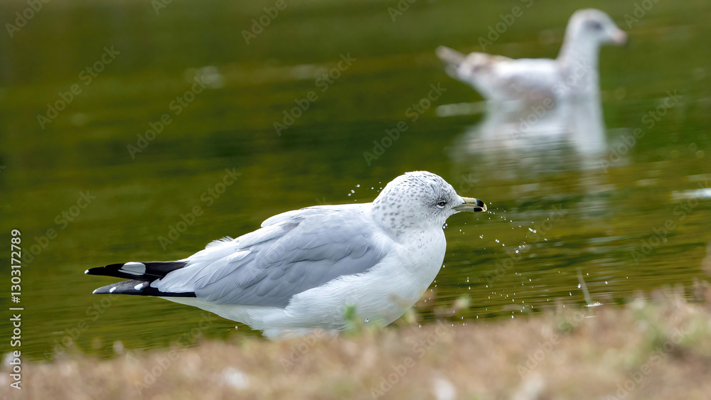 Fototapeta premium The seagull stays away from the flock to rest at the waterside.