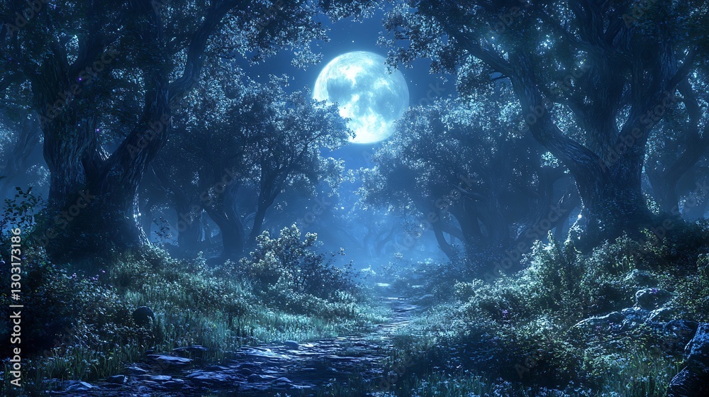 Fototapeta premium The moonlight shining through a canopy of trees, creating a mystical forest glow