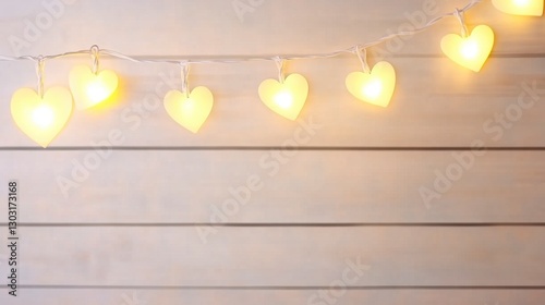 Glowing heart shaped lights strung on a white wood background. Warm, romantic ambiance.  Perfect for Valentine's Day or wedding decor