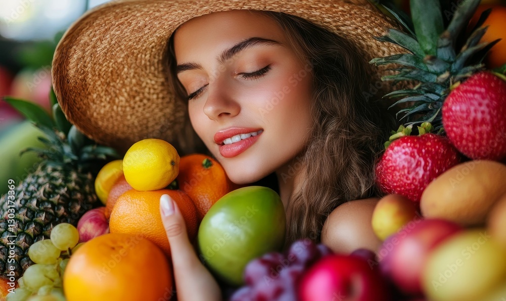 Woman embraces fresh fruits happiness and peace. Woman embraces fresh fruits happiness and peace.