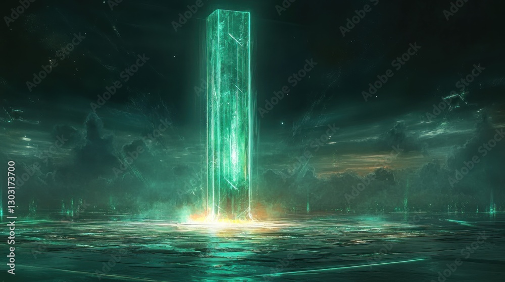 A glowing, ethereal tower stands in a mystical landscape under a starry sky. A glowing, ethereal tower stands in a mystical landscape under a starry sky.