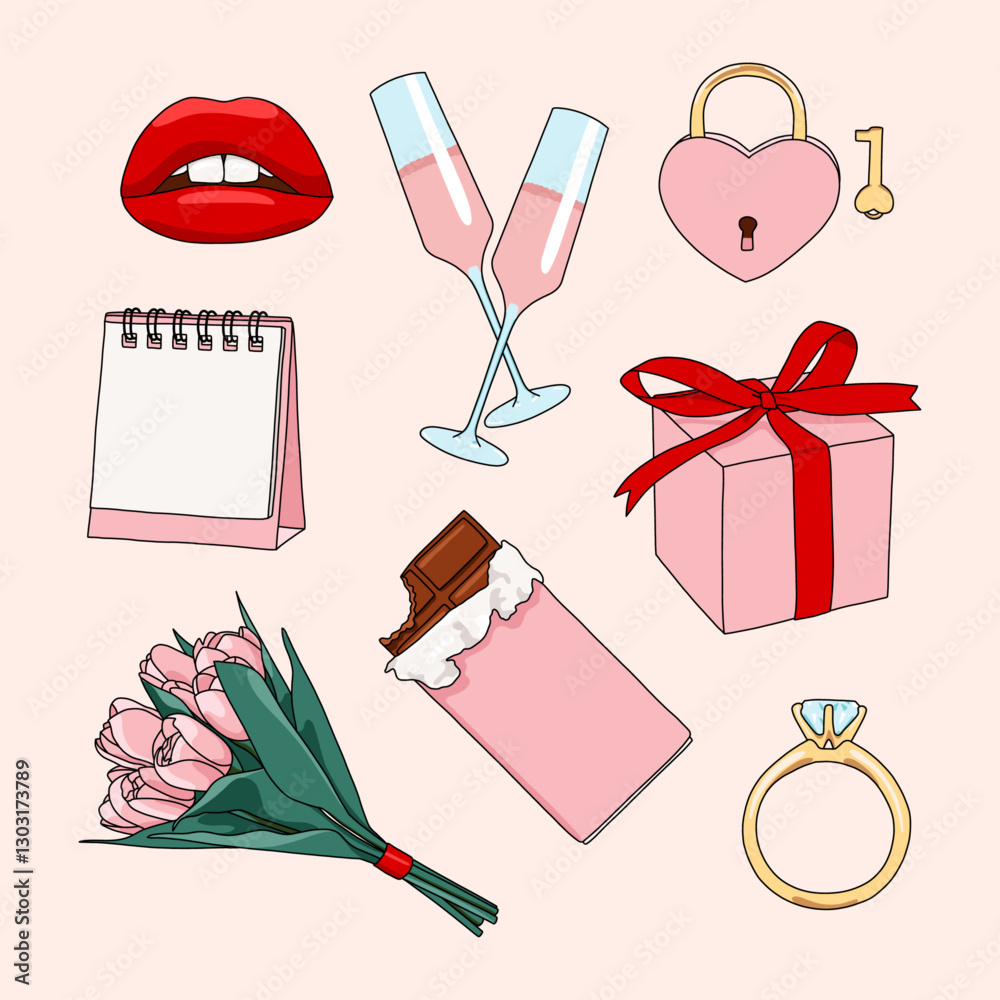 Romantic Icons: Champagne, Lips, and Heart