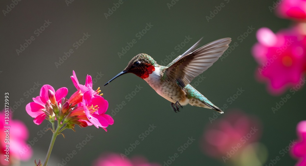 Fototapeta premium Vibrant Hummingbird Gracefully Feeds on Pink Blossoms Soft Sunlight. AI Generated