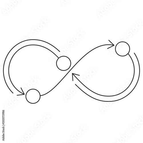 Minimalistic infinity loop icon with arrows and circles, symbolizing continuous process and automation. Vector pictogram with thin black lines on a transparent background. Editable stroke thickness