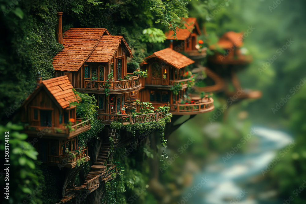 Tilt-shift photograph of an aerial view of a row of tiny fantasy elven treehouses and balconies with wooden balcony railings, a jungle canopy, lush greenery. Tilt-shift photograph of an aerial view of a row of tiny fantasy elven treehouses and balconies with wooden balcony railings, a jungle canopy, lush greenery.