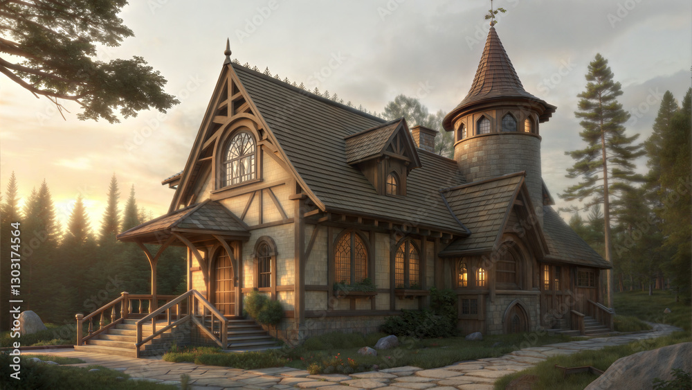 Enchanting wooden house at sunset surrounded by tall trees Enchanting wooden house at sunset surrounded by tall trees