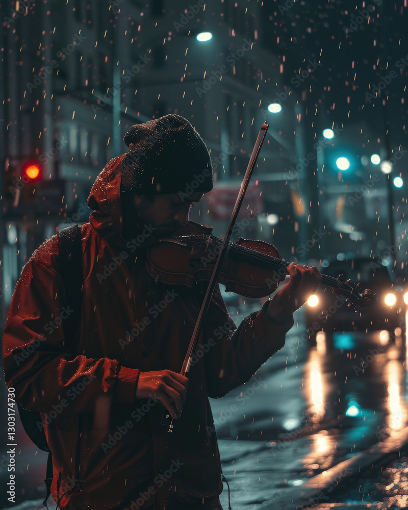 Fototapeta premium Street Musician Playing Violin in the Rain Under the Glow of City Lights at Night