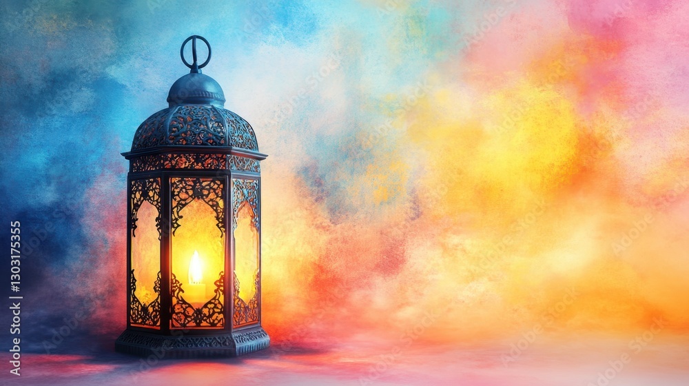 Intricate Lantern Illuminating a Colorful Background with Warm Hues and Artistic Details