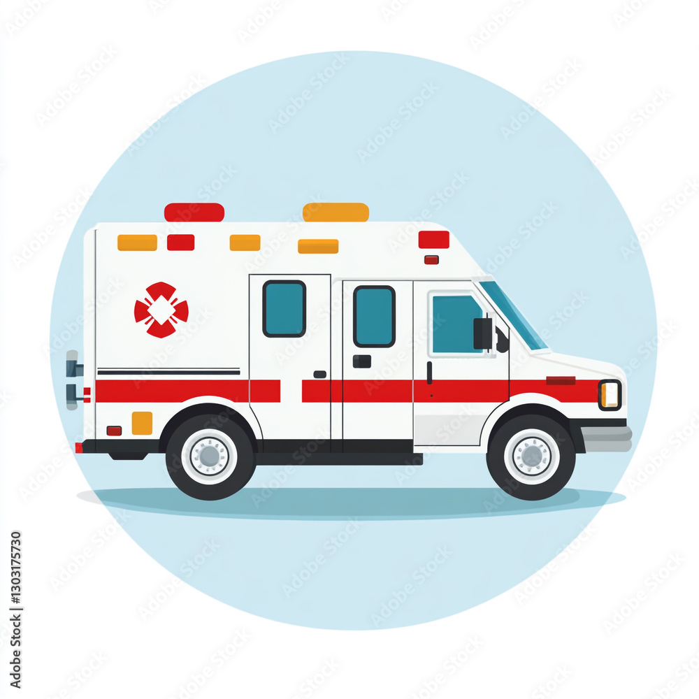 A side view of an ambulance with a red and white color scheme, emergency lights on top, and a medical symbol on the side. A side view of an ambulance with a red and white color scheme, emergency lights on top, and a medical symbol on the side.