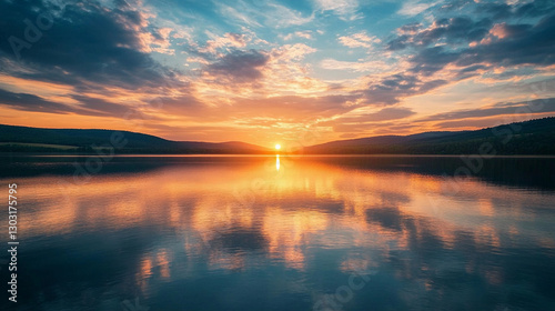 Sunset casts vibrant colors over a calm lake reflecting the serene beauty of nature in a peaceful evening landscape. Generative AI