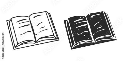 Open Book Sketch - Transparent Engraving, Scratch-Board Black & White Illustration