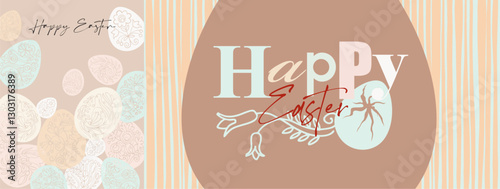 Happy Easter! Fully editable poster with isolated illustrations, greeting infographics, pastel backgrounds.