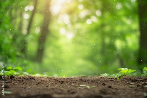 Sunlight streams through lush green leaves, illuminating a path of rich soil in a tranquil forest