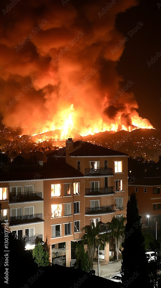 Building views distant wildfire on hillside at night Building views distant wildfire on hillside at night