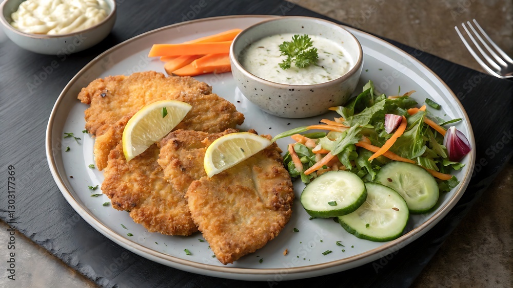 grey plate with fried chicken schnitzels, tartare sauce on the side, side salad of cucumber and carrots, top view grey plate with fried chicken schnitzels, tartare sauce on the side, side salad of cucumber and carrots, top view