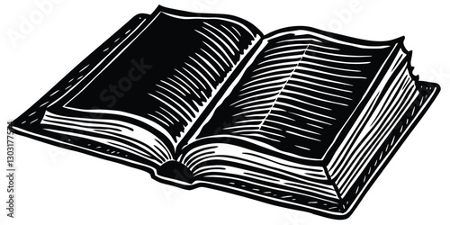 Open Book Sketch - Transparent Engraving, Scratch-Board Black & White Illustration