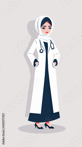 religion, hijab, muslim doctor, female doctor, pediatrician, treatment, education, religion, hijab, modern islam. Full-length character. Vector isolated illustration. Flat character portrait.