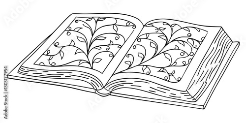Open Book Sketch - Transparent Engraving, Scratch-Board Black & White Illustration